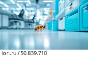 A striking insect in an ultramodern laboratory, highlighting scientific environment and contrasting nature. Стоковое AI-изображение, AI-художник Данила Большаков / Фотобанк Лори