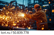 Industrial Might: Precision Grinding with Showering Sparks. Стоковое AI-изображение, AI-художник Данила Большаков / Фотобанк Лори
