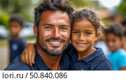 Heartwarming portrait of a father with his daughter, embracing and smiling, showcasing family love and bonding. Стоковое AI-изображение, AI-художник Данила Большаков / Фотобанк Лори
