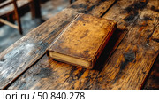 Ancient Lore: An old leather-bound volume resting on a weathered wooden surface, a vintage symbol of knowledge and historical narrative. Стоковое AI-изображение, AI-художник Данила Большаков / Фотобанк Лори