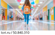 Back to school: A girl walking in corridor, school preparation time. Стоковое AI-изображение, AI-художник Данила Большаков / Фотобанк Лори