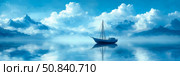 Serene Journey: sailboat adrift on calm water, mirrored beneath dramatic clouded mountains, an escape to tranquility. Стоковое AI-изображение, AI-художник Данила Большаков / Фотобанк Лори