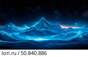 Stellar Mountain Range: Celestial Horizon with Luminous Peaks and Cosmic Starfield Backdrop. Стоковое AI-изображение, AI-художник Данила Большаков / Фотобанк Лори