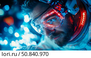 Astronaut's Gaze: A spaceman in helmet with tech enhancements, focused and determined during a mission in cosmos. Стоковое AI-изображение, AI-художник Данила Большаков / Фотобанк Лори