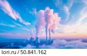 Twilight emission: Industrial complex spewing vapor, a stark commentary on environmental impact against a scenic colorful sky. Стоковое AI-изображение, AI-художник Данила Большаков / Фотобанк Лори