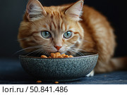 Close-up of a ginger fluffy cat with green eyes, staring at the camera while eating. The animal eats dry food from a ceramic bowl against a dark background. The image conveys an atmosphere of coziness, care and everyday life of a pet. Suitable for advertising food, veterinary clinics, blogs about animals and products for pets. Стоковое AI-изображение, AI-художник Анна Кривицкая / Фотобанк Лори