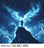 A fantastic image of a man standing on top of a cliff against a starry sky. Behind him is a glowing energy structure in the form of wings, reminiscent of a phoenix or angel. The atmosphere is epic and sublime, symbolizing fortitude, transformation and awakening. Perfect for covers, posters, dark fantasy or motivational projects. Стоковое AI-изображение, AI-художник Анна Кривицкая / Фотобанк Лори