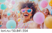 Joyful Celebration: A Woman's Gleeful Expression at a Party with Balloons and Confetti. Стоковое AI-изображение, AI-художник Данила Большаков / Фотобанк Лори