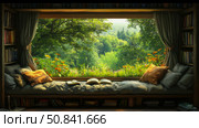 Cozy Reading Nook: An inviting window seat with open books, soft pillows, and a serene garden view, perfect for relaxation and literary escape. Стоковое AI-изображение, AI-художник Данила Большаков / Фотобанк Лори