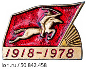 Кавалерист с шашкой на фоне красного знамени, 1918 - 1978. Нагрудный значок выпущенный в СССР посвящённый теме - Гражданская война. Стоковое фото, фотограф Евгений Мухортов / Фотобанк Лори