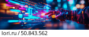 Digital Touch: Artificial Intelligence Hand Interacting with Futuristic Data Stream, for a technology company web banner. Стоковое AI-изображение, AI-художник Данила Большаков / Фотобанк Лори