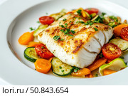 Grilled white fish fillet served with roasted vegetables, fresh herbs, and golden crust. Healthy gourmet dish, fine dining plating, appetizing close-up with rich colors and perfect lighting. Banner. Стоковое AI-изображение, AI-художник Евгений Демидюк / Фотобанк Лори