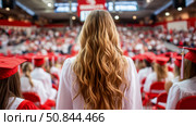 Graduation Ceremony: A graduate with blonde hair facing a crowd of graduates in caps and gowns, celebrating academic achievement. Стоковое AI-изображение, AI-художник Данила Большаков / Фотобанк Лори