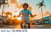 Sunset joyride: carefree kid on bicycle at dusk, embodying summer freedom and outdoor fun. Стоковое AI-изображение, AI-художник Данила Большаков / Фотобанк Лори
