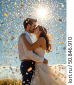 A couple is kissing in the air with confetti falling around them. Стоковое AI-изображение, AI-художник Ярославский Максим / Фотобанк Лори