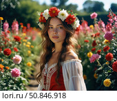 A woman wearing a flower crown stands in a field of flowers. Стоковое AI-изображение, AI-художник Ярославский Максим / Фотобанк Лори