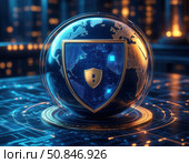 A globe with a blue shield on it. Стоковое AI-изображение, AI-художник Ярославский Максим / Фотобанк Лори