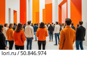 A group of people are standing in a room with orange walls. Стоковое AI-изображение, AI-художник Ярославский Максим / Фотобанк Лори
