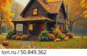 Wooden eco house with pumpkins and yellow maple leaves on autumn background. Real estate, dacha, summer house, mortgage, insurance, booking, construction, insulation. AI generated. Стоковое AI-видео, аниматор Ольга Симонова / Фотобанк Лори