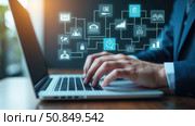 Analyzing ROI and Business Strategy Concepts. Businessman working on a laptop with various digital icons representing ROI, financial strategies, return on investment, and efficiency capital return. Стоковое AI-изображение, AI-художник Sergey Grishin / Фотобанк Лори