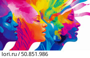 Harmony of Hue: A vibrant face portrait exploring multiplicity, celebrating diversity and unity, suitable for social banner or as a creative art. Стоковое фото, фотограф Данила Большаков / Фотобанк Лори