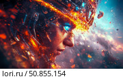 Cybernetic Divinity: A glowing portrait of a futuristic goddess with fiery aura and gemstone crown. Стоковое AI-изображение, AI-художник Данила Большаков / Фотобанк Лори
