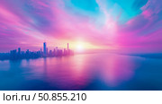Cityscape at Dawn: A vibrant urban skyline at sunrise with pastel hues reflecting on the tranquil water, creating a serene yet powerful vista. Стоковое AI-изображение, AI-художник Данила Большаков / Фотобанк Лори