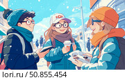 Winter Friends: Chilly Day Outing with Coffee and Plans. Стоковое AI-изображение, AI-художник Данила Большаков / Фотобанк Лори