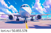 Concept: Aviation art, purpose: poster. Commercial airplane on runway under blue sky with clouds, airline travel inspiration. Стоковое AI-изображение, AI-художник Данила Большаков / Фотобанк Лори