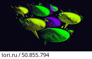 Bright green and purple speech bubbles swirl against a dark canvas, bursting with energy and creativity. This vibrant display captures the essence of dynamic conversations and imaginative exchanges. Copy space. Стоковое AI-изображение, AI-художник Юлия Ильина / Фотобанк Лори