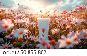Mock up white cream tube in a field of pink flowers. Copy space. The sun is setting, casting a warm glow. Butterflies flutter around the tube. Natural cosmetics concepts. Стоковое AI-изображение, AI-художник Юлия Ильина / Фотобанк Лори