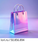 Iridescent Shopping Bag With Glass Morph ism Effect on Purple Background. Generative AI. Стоковое AI-изображение, AI-художник Roman Zavorotny / Фотобанк Лори