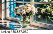 White Gardenia Bouquet On Windowsill In Sunlight. Generative AI. Стоковое AI-изображение, AI-художник Roman Zavorotny / Фотобанк Лори