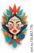 Exotic Floral Goddess: A stylized woodcut face adorned with tropical leaves, crafted with geometric precision, ideal for artistic print & decoration. Стоковое AI-изображение, AI-художник Данила Большаков / Фотобанк Лори