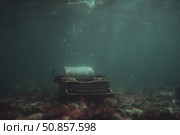 Old typewriter submerged underwater surrounded by seaweed in a tranquil setting, showcasing the passage of time and nature's reclaiming. Стоковое AI-изображение, AI-художник Сергей Толмачёв / Фотобанк Лори