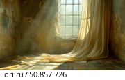 Sunlit Sanctuary: Golden Drape in Old-World Room. Стоковое AI-изображение, AI-художник Данила Большаков / Фотобанк Лори
