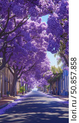 Springtime blossom: street lined with vibrant purple jacaranda in full bloom, creating a surreal and beautiful floral canopy. Стоковое AI-изображение, AI-художник Данила Большаков / Фотобанк Лори