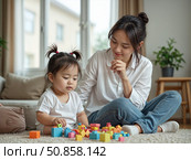 A young child and woman play together with colorful building blocks on a carpeted floor, dressed in matching white shirts. Great for parenting blogs and educational toy content. Стоковое AI-изображение, AI-художник Анна Сивакова / Фотобанк Лори