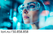 Futuristic Research: Female Scientist in Goggles with a Vision of Tomorrow. Стоковое AI-изображение, AI-художник Данила Большаков / Фотобанк Лори