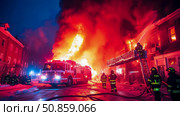 Emergency Response: Firefighters battle blaze in a residential area at night, an act of bravery and community service. Стоковое AI-изображение, AI-художник Данила Большаков / Фотобанк Лори