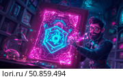 Mystical Portal Activation: Bearded man manipulates glowing symbols in a neon frame, revealing a gateway to a magical realm. Стоковое AI-изображение, AI-художник Данила Большаков / Фотобанк Лори