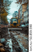 Street Construction: A yellow tractor amidst the mud, undertaking urban roadwork in an avenue of buildings. Стоковое AI-изображение, AI-художник Данила Большаков / Фотобанк Лори