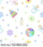On a white background, there is a pattern consisting of children's objects: bottles, nipples, toys and a colorful ball decorated with flowers. It is ideal for decorating children's rooms. Стоковая иллюстрация, иллюстратор Светлана  Громак / Фотобанк Лори