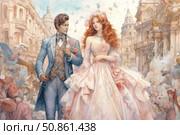 Watercolor illustration of an elegant couple in historical costumes against the backdrop of an old European city. The man in a blue tailcoat with flowers in his buttonhole, the woman in a luxurious pastel-colored dress with puffy sleeves and floral embellishments. There is a festive atmosphere around, with butterflies flying and Renaissance architecture. The image conveys romance, grace and the spirit of the past. Ideal for historical novels, theater productions, wedding materials and art projects. Стоковое AI-изображение, AI-художник Анна Кривицкая / Фотобанк Лори