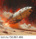 A dramatic scene of a spaceship entering a planet's atmosphere or falling to the surface, surrounded by flames and explosions. The atmosphere of tension, danger and a large-scale event, emphasized by bright red and orange lights against a background of space and dust. A science fiction style illustration with detailed elaboration of the ship's hull and a dynamic effect of movement. Стоковое AI-изображение, AI-художник Анна Кривицкая / Фотобанк Лори