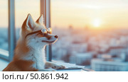 Contemplative Fox: A moment of introspection and business strategy, envisioning the future by the office window during the serene time of dawn. Стоковое AI-изображение, AI-художник Данила Большаков / Фотобанк Лори