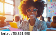 Radiant team collaborative work session: Young woman with afro in speckled glasses smiles. Стоковое AI-изображение, AI-художник Данила Большаков / Фотобанк Лори