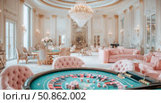 Opulent room with roulette table, lavish chandelier, luxurious furniture. Стоковое AI-изображение, AI-художник Данила Большаков / Фотобанк Лори