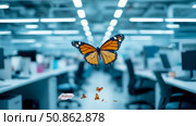 Office Metamorphosis: A Butterfly's Transformation of the Workplace Environment. Стоковое AI-изображение, AI-художник Данила Большаков / Фотобанк Лори