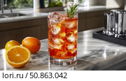Refreshing Summer Beverage: Aperol Spritz with Rosemary Garnish. Стоковое AI-изображение, AI-художник Данила Большаков / Фотобанк Лори
